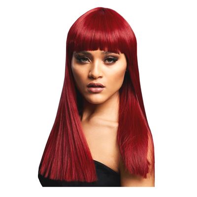 NEW Women's Long Straight Wig with Bangs, Alexia, Ruby Red, with Hairnet