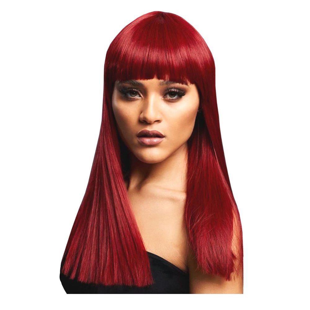 NEW Women's Long Straight Wig with Bangs, Alexia, Ruby Red, with Hairnet