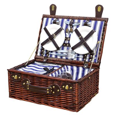 Outdoor Woven Wooden Picnic Basket, Brown, 46 x 31 x 20 cm