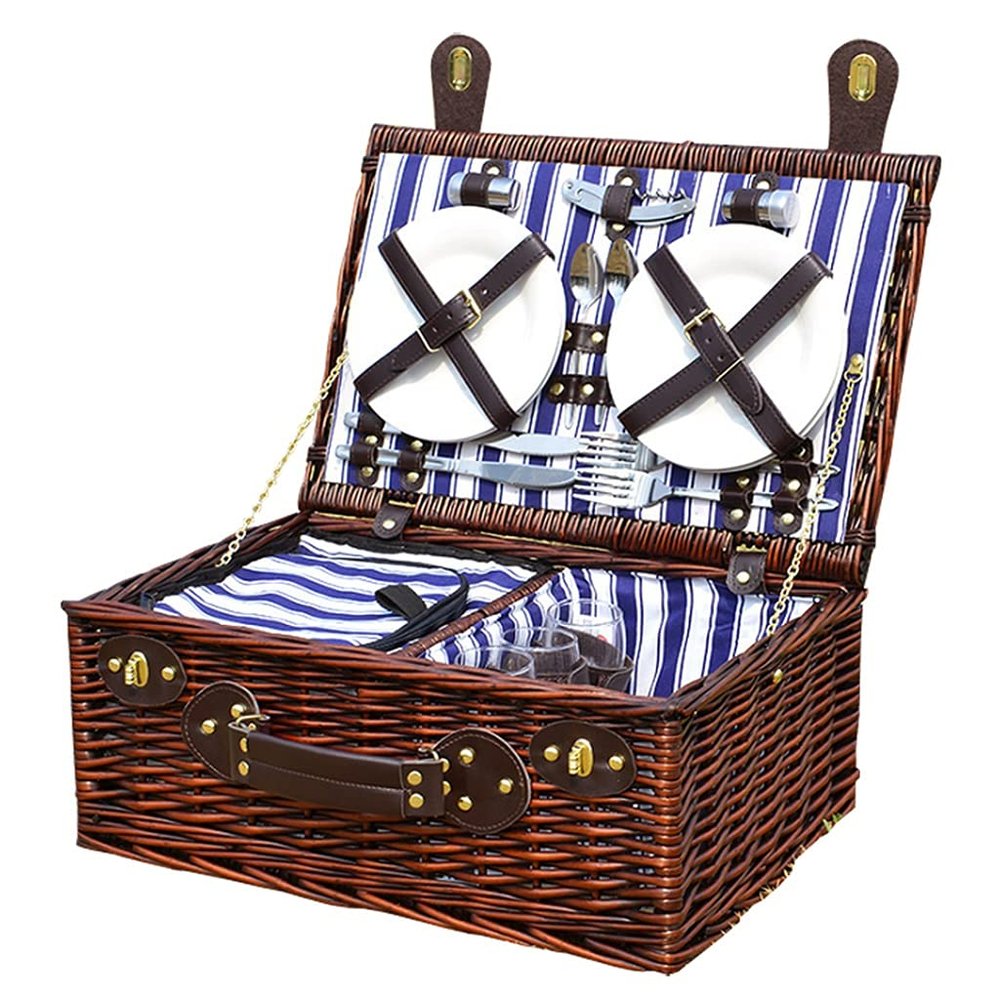 Outdoor Woven Wooden Picnic Basket, Brown, 46 x 31 x 20 cm