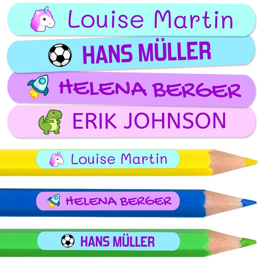 50 Personalized Name Stickers for Pencils, Markers & Pens, Colorful, Waterproof, 4.6 x 0.6 cm