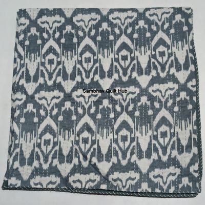 Floral Multicolor Handmade Ikat Kantha Quilt, Reversible Cotton Throw, Gray, Twin 60 x 90 in