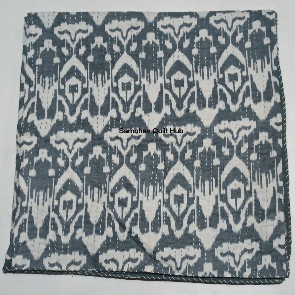 Floral Multicolor Handmade Ikat Kantha Quilt, Reversible Cotton Throw, Gray, Twin 60 x 90 in