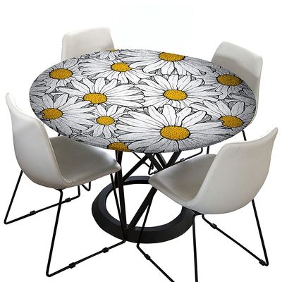 Round Washable Tablecloth, 150 cm, Elastic Lotus Effect, Outdoor 3D Daisy Print, for 130–140 cm Tables