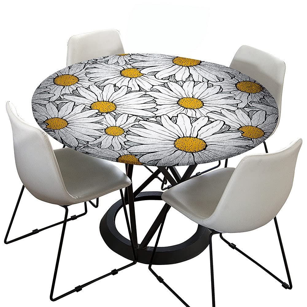 Round Washable Tablecloth, 150 cm, Elastic Lotus Effect, Outdoor 3D Daisy Print, for 130–140 cm Tables