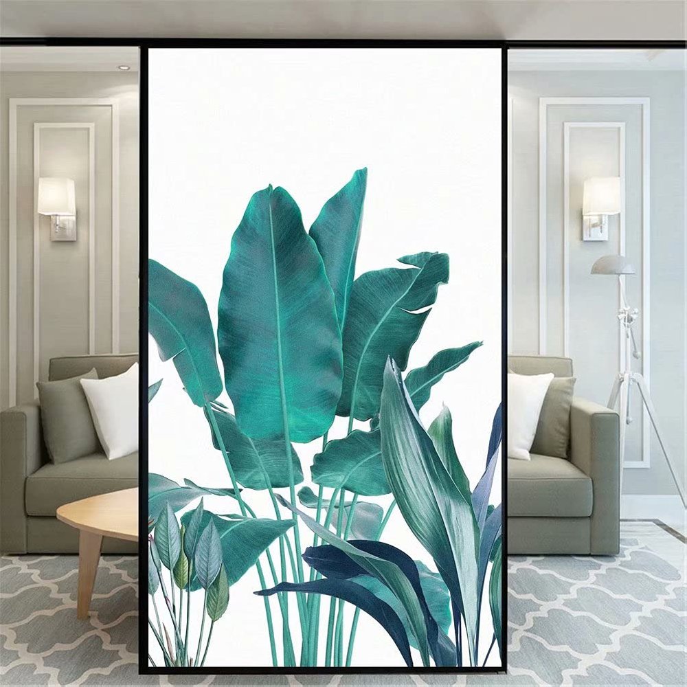75AB Privacy Window Film, Plant Leaves Pattern, Decorative, Opaque, Non-Adhesive Static Cling, Frosted Glass, 50 x 100 cm