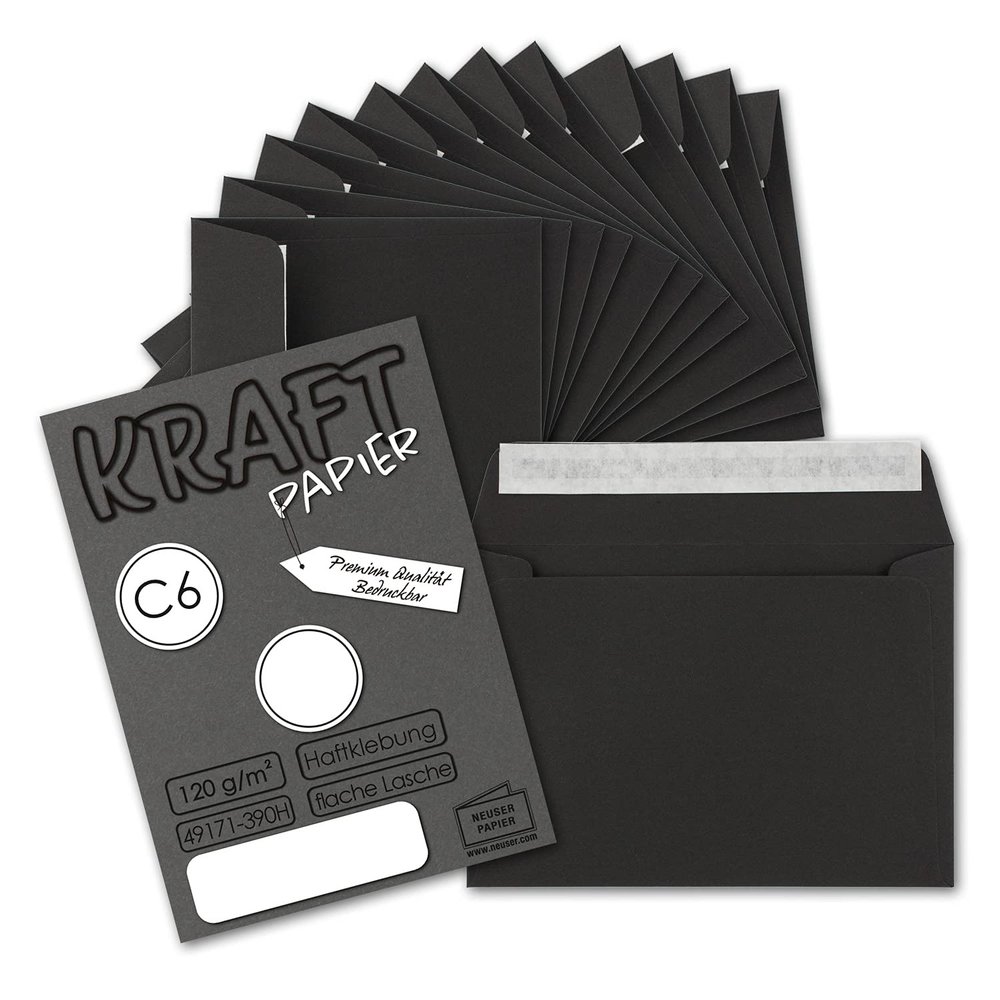 75 C6 Business Envelopes, Black Kraft Paper, Self-Seal