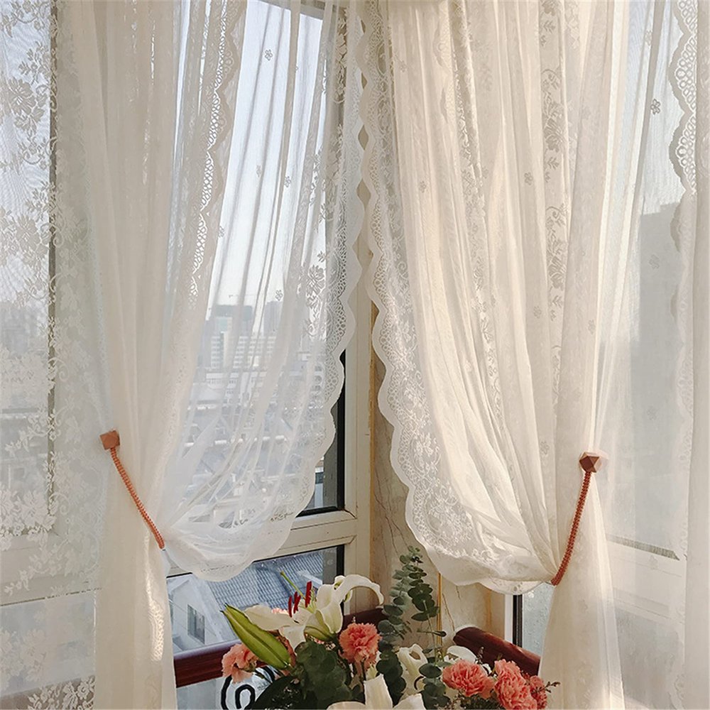 SWECOMZE Floral Lace Sheer Curtain, Embroidered Jacquard, Rod Pocket, Vintage Style, White, 130 x 240 cm