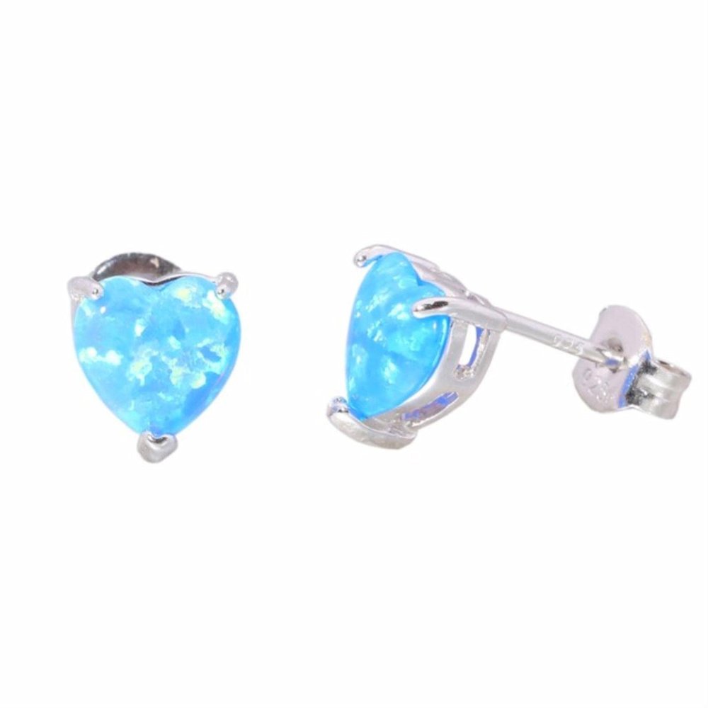 Blue-White Created Fire Opal 925 Sterling Silver Heart Stud Earrings, 7 mm