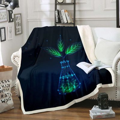 Green Leaf Fleece Sherpa Blanket, Geometric Sofa Throw, 150 x 200 cm