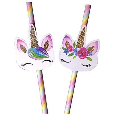 Paper Unicorn Drinking Straws, Rainbow Colors, 20 Count