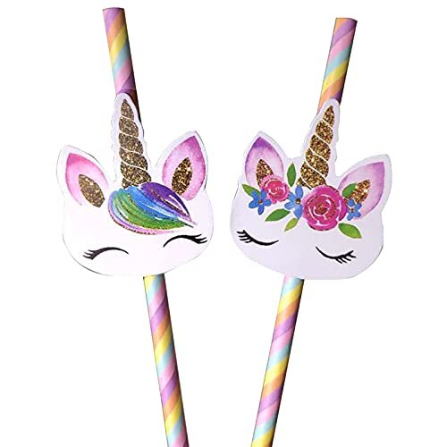 Paper Unicorn Drinking Straws, Rainbow Colors, 20 Count