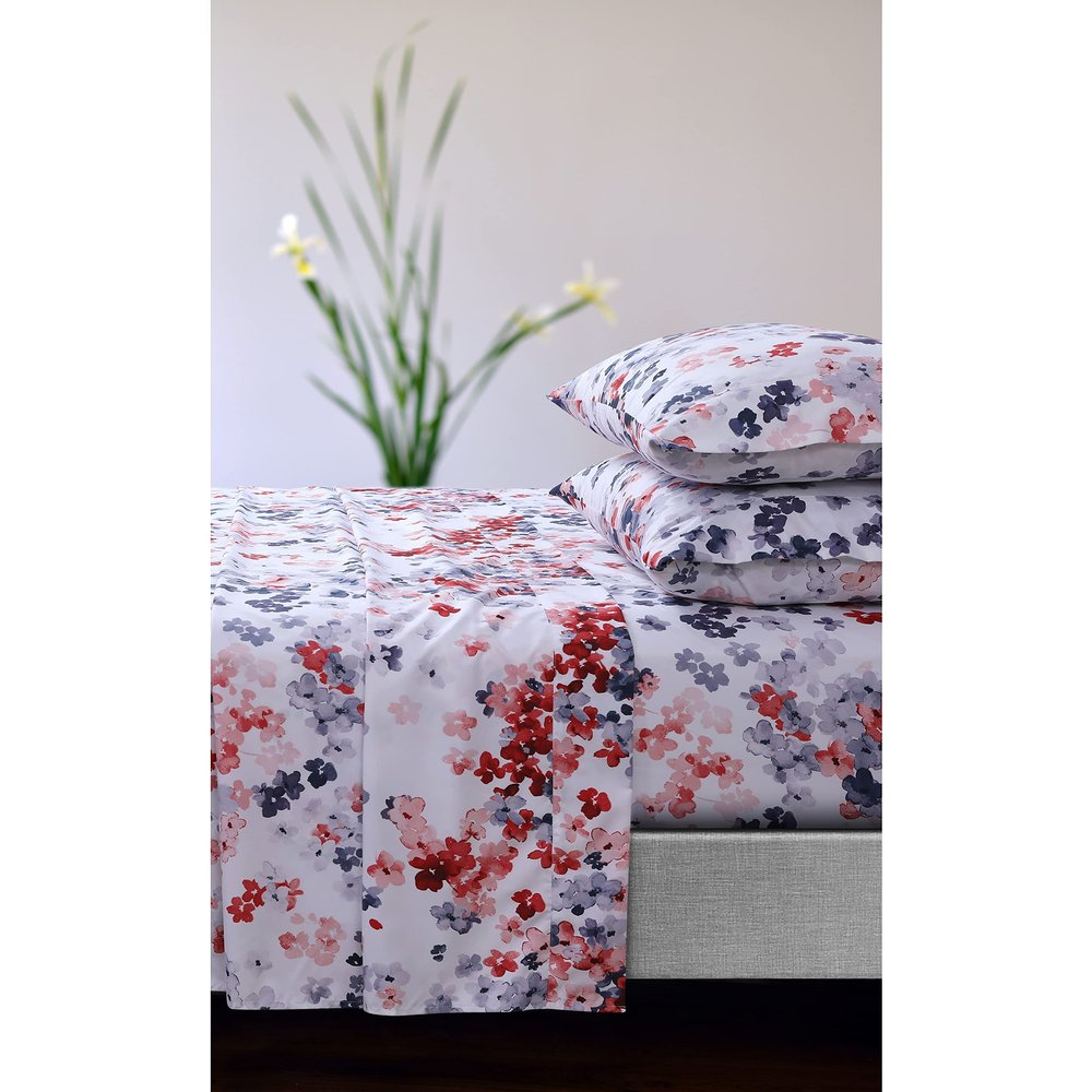 Tribeca Living Azores Home Juliette Printed Sheet Set with Deep Pockets and Oversized Flat Sheet, Queen, Red
