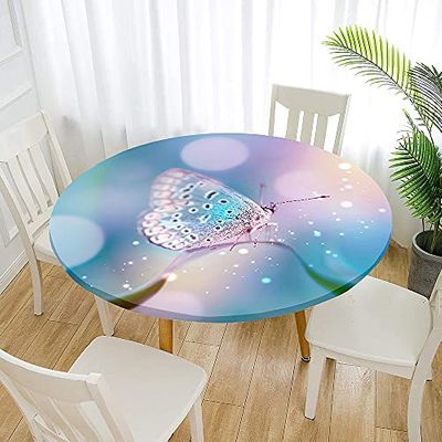 Morbuy Elastic Round Tablecloth with Butterfly Print, Blue/Pink, 120 cm