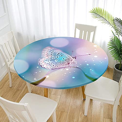 Morbuy Elastic Round Tablecloth with Butterfly Print, Blue/Pink, 120 cm