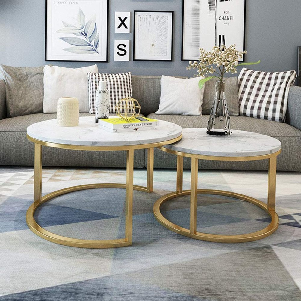 NMDCDH Round Marble Nesting Side Tables, 2-Piece Set