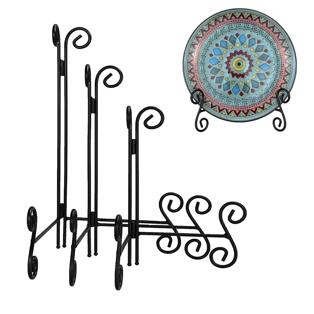 Plate Stands, 3-Piece Set, 8" + 10" + 12" Display Holders, Black, Foldable Iron Table Easels