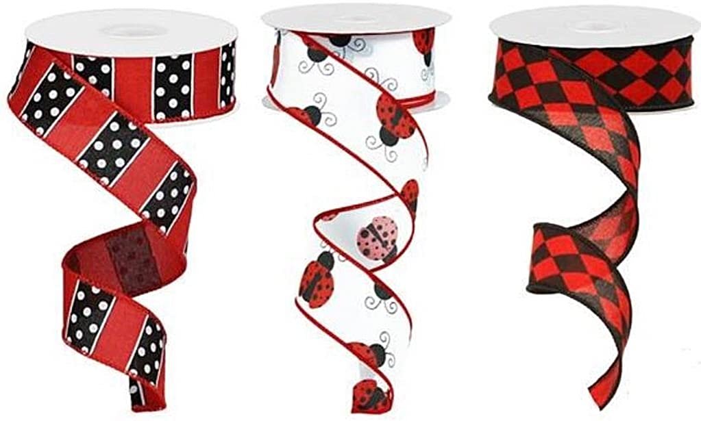 3-Roll Ladybug-Themed Ribbon Set, Wired, 1.5 x 9.1 m | Bulk Summer Ribbon Wreath Kit