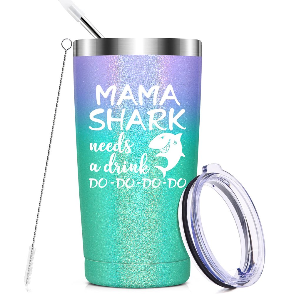 Mama Shark Needs a Drink – Glitter Mermaid Tumbler, 590 ml
