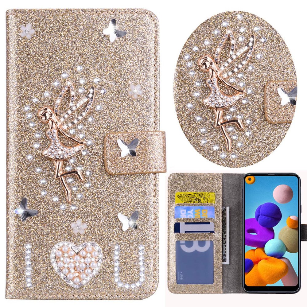 Gold PU Leather Flip Case with 3D Angel Rhinestones for Xiaomi Redmi Note 10