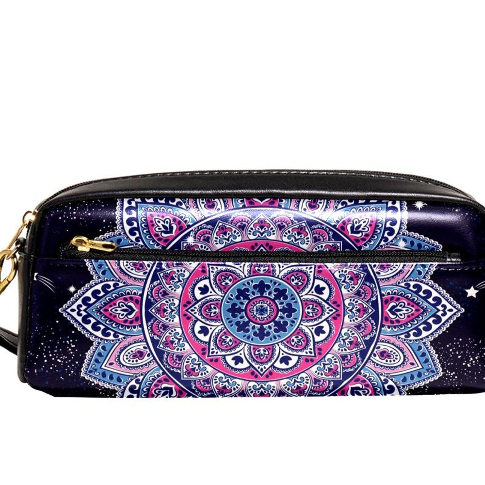 PU Leather Pencil Case and Cosmetic Bag with Wrist Strap, Indian Mandala Design