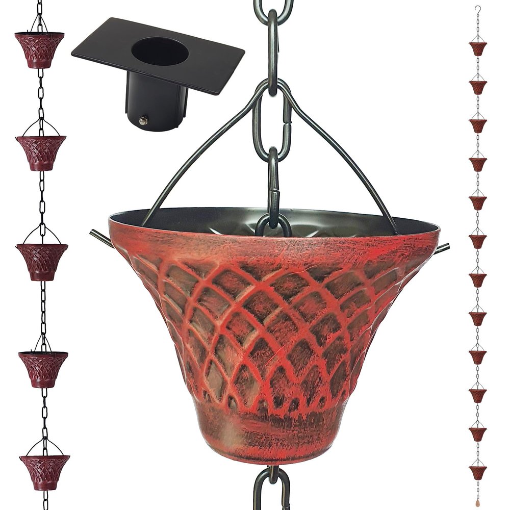 LEPTALINA 2.5 m Bell-Cup Iron Rain Chain for Gutters and Rain Barrels, Rust-Resistant Garden Decor with Gutter Adapter (Antique Red)