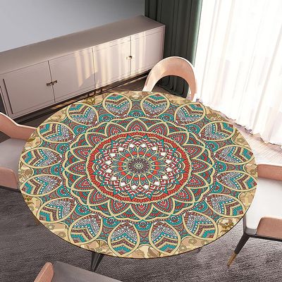 Morbuy Elastic Round Tablecloth, Mandala Print, Water-Resistant, Red and Blue, 71 in.