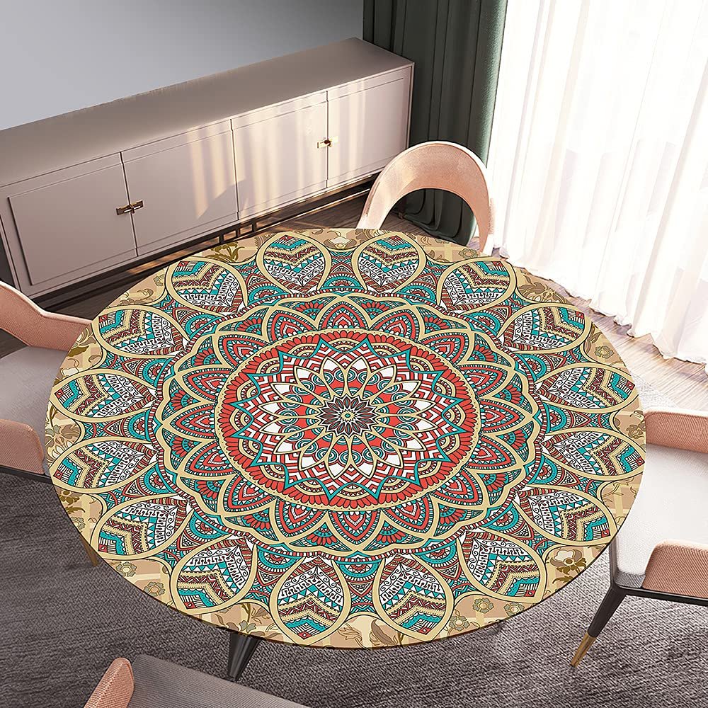 Morbuy Elastic Round Tablecloth, Mandala Print, Water-Resistant, Red and Blue, 71 in.