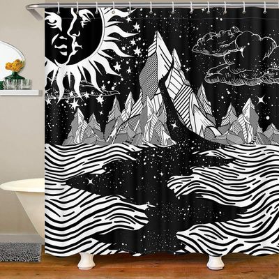 Homewish Bohemian Fabric Shower Curtain, Sun and Moon Design, 180 x 200 cm