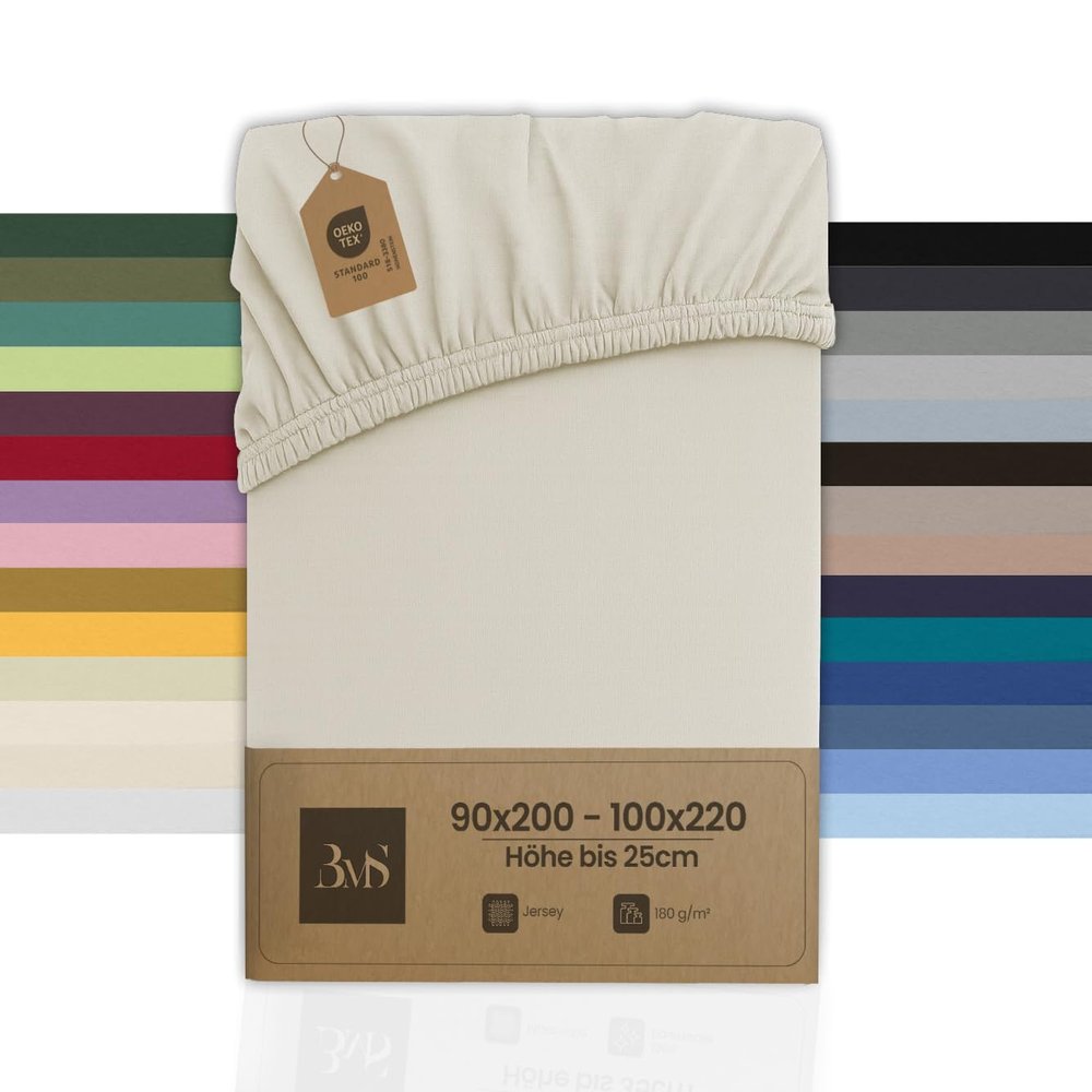 Jersey Fitted Sheet (90x200–100x200 cm, Mattress Height up to 25 cm, Natural), 180 g/m², 90% Cotton, 10% Elastane
