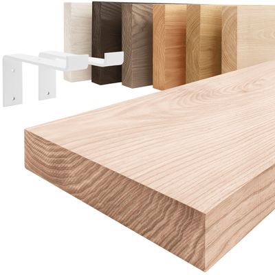 LAMO Manufaktur Solid Wood Shelf with White Z-Shaped Brackets | 60 cm-Wide Wall Shelf for Bathroom, Hallway, Kitchen, Industrial Style | Raw Finish, Straight Edge | Vintage Character