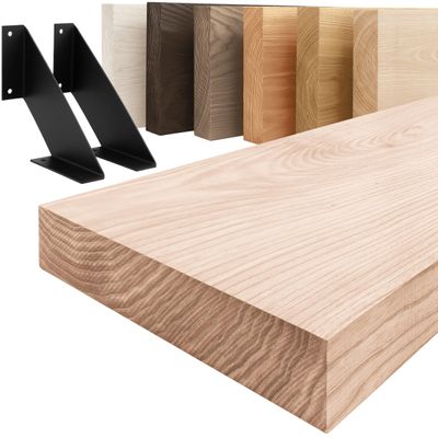 LAMO Manufaktur Solid Wood Wall Shelf with Black V-Shaped Brackets, 120 cm, Raw Finish, Straight Edge
