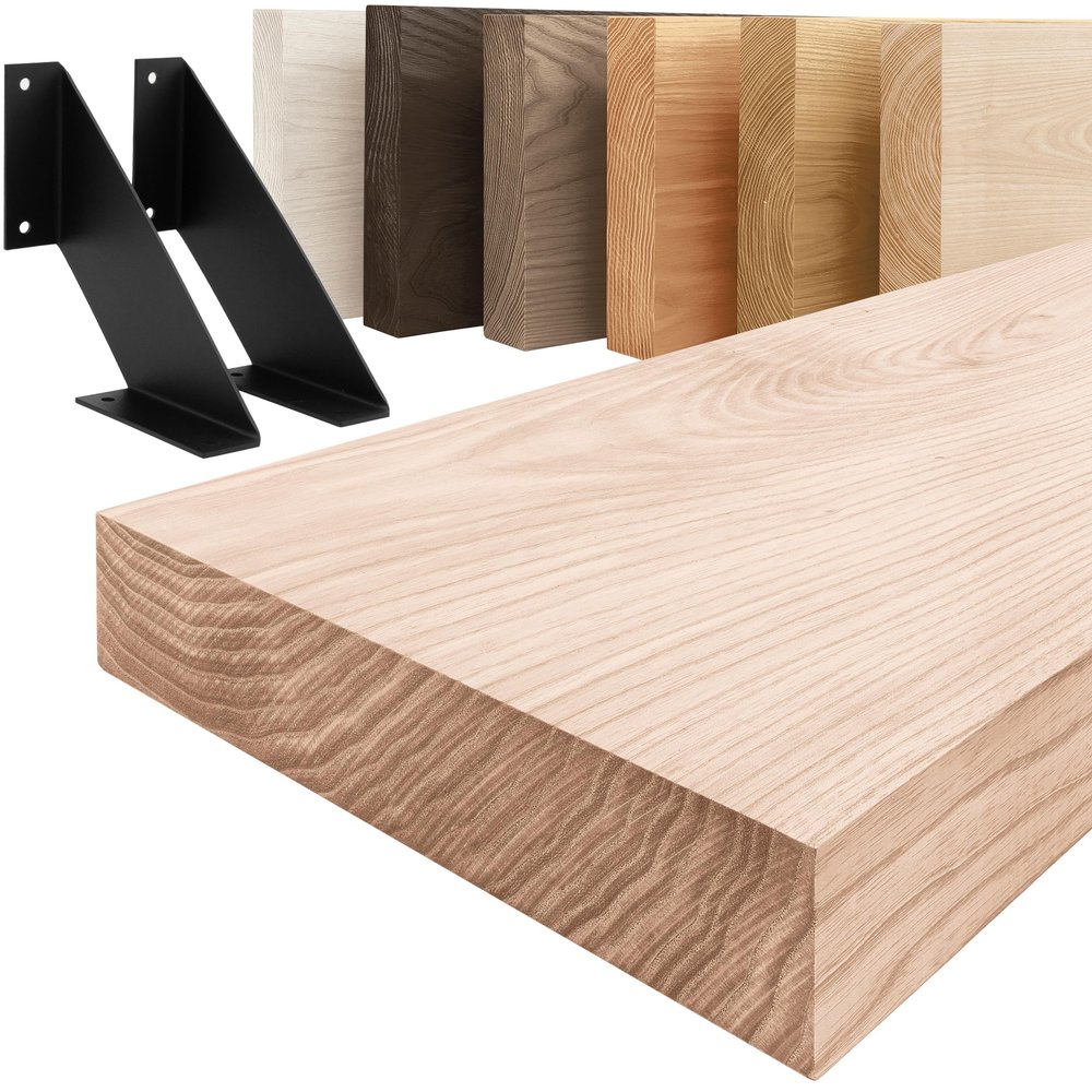 LAMO Manufaktur Solid Wood Wall Shelf with Black V-Shaped Brackets, 120 cm, Raw Finish, Straight Edge