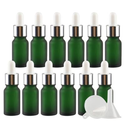TIANZD 24-Pack 10 mL Matte Green Glass Dropper Bottles with Glass Pipettes, Silver Screw Caps, 2 Funnels