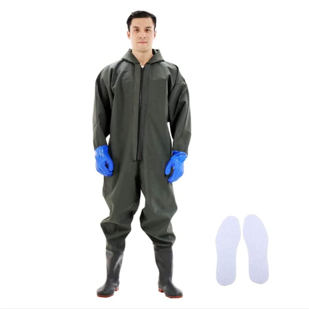 QTDZ Outdoor Waterproof Waders with Rain Hood, Non-Slip PVC Boots, EU 46