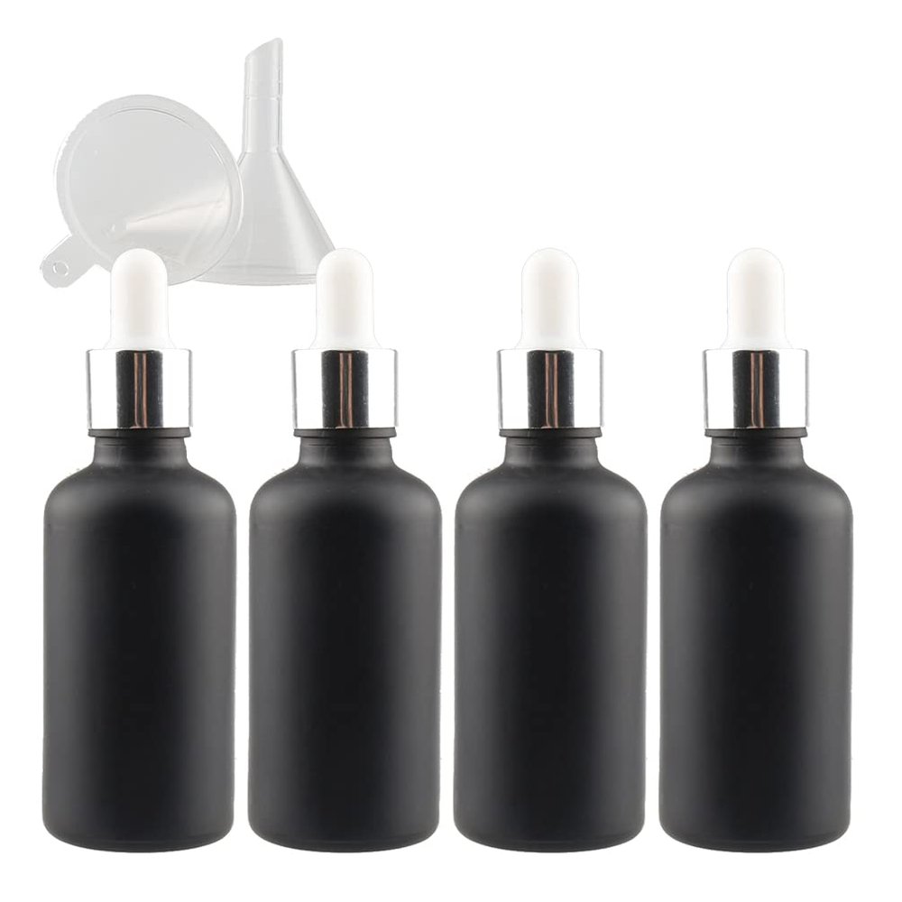 TIANZD 4-Pack 50 ml Matte Black Glass Dropper Bottles with Glass Pipettes and Silver Screw Caps