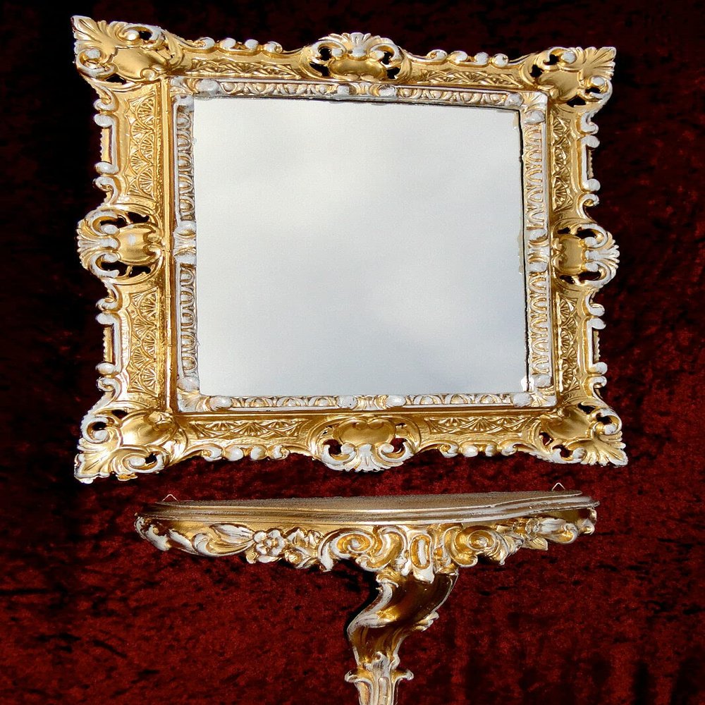 Gold WEI Baroque Antique Wall Mirror with Console, 45 x 38 cm, Set 3047+3084