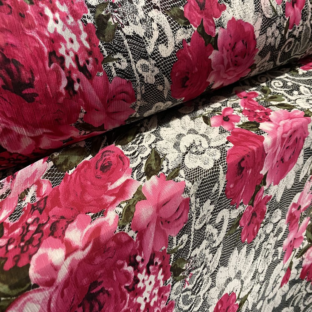 Chiffon Fabric by the Meter, Roses on Lace, Fuchsia