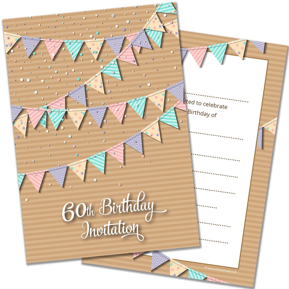 Olivia Samuel 60th Birthday Party Invitations, Pastel Bunting, Postcard Style, Write-In, 20 Pack