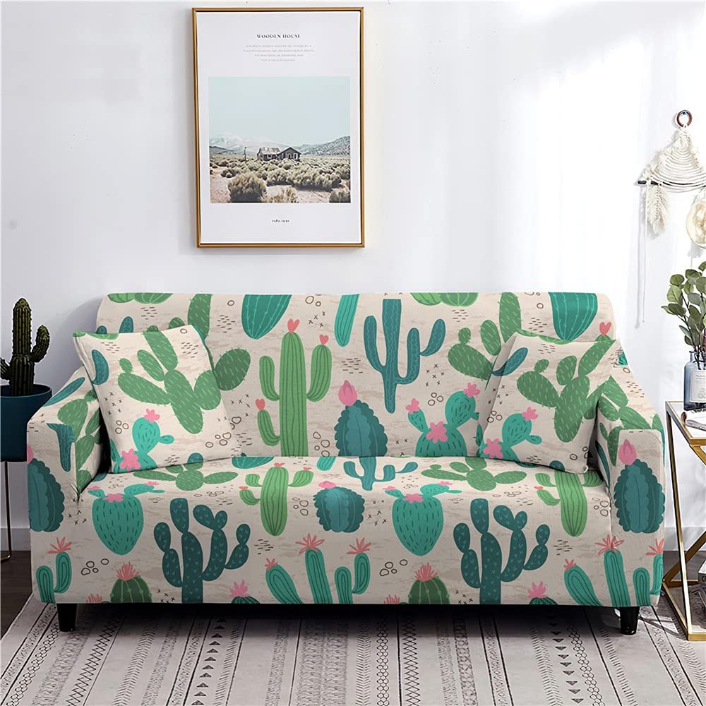 FANSU Stretch Non-Slip Sofa Cover with Armrests, 3D Cartoon Cactus Print, L-Shaped Sofa/Couch/Armchair Cover for Living Room Decor (Desert, 1-Seater)