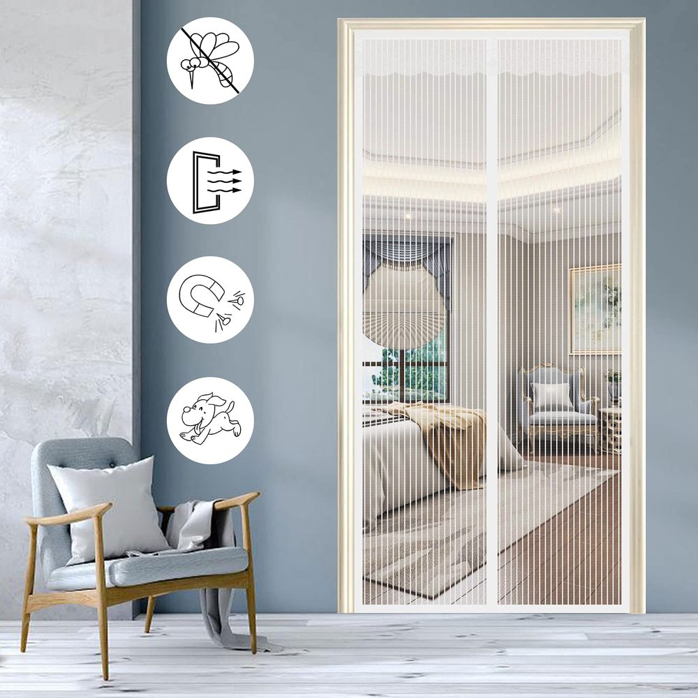 Magnetic Polyester Insect Screen Door Curtain, No-Drill Adhesive Mount