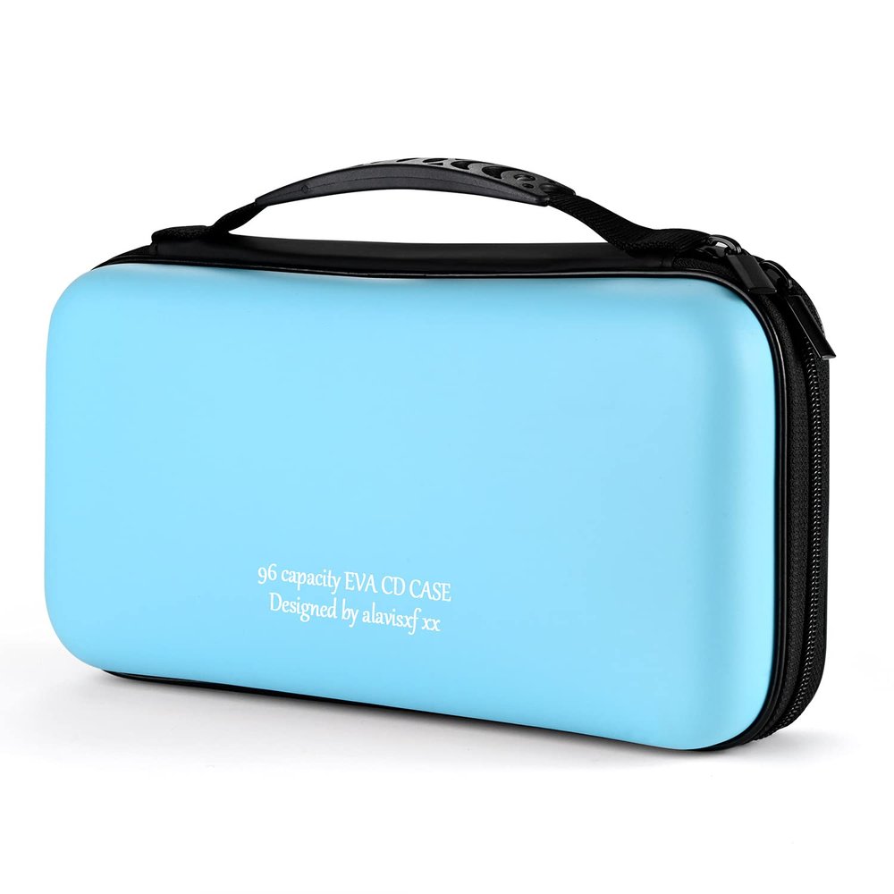 KUOCDSIK CD Case, 96-Capacity Hard EVA Blu-ray CD Wallet with Double Zipper and Hand Strap, Portable Disc Organizer DVD Holder for Car Trips (96 Capacity, Sky Blue96)