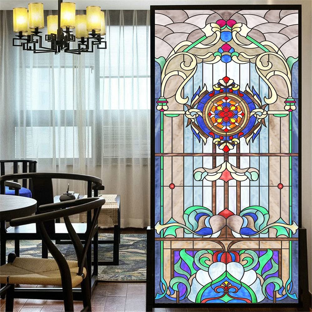 LXDWEI Decorative Privacy Window Film, Multicolor 3D Church Style, Frosted, 90 x 120 cm