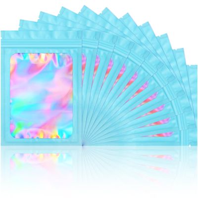 100 Odor-Proof Mylar Bags, Resealable Holographic Packaging Bags with Clear Window, Blue, 14 x 20 cm