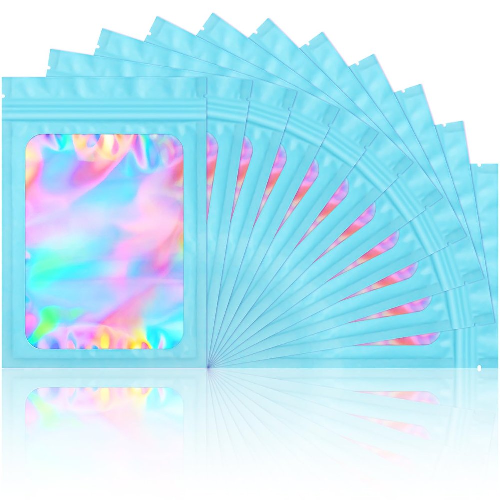 100 Odor-Proof Mylar Bags, Resealable Holographic Packaging Bags with Clear Window, Blue, 14 x 20 cm