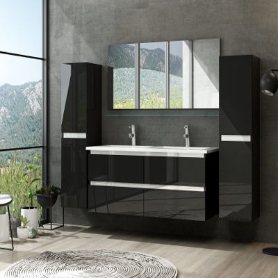 Homeline Bathroom Furniture Set with Drawers and Glass Shelf, Marcel Black, 120 cm, Double Basin, 1 Tall Cabinet