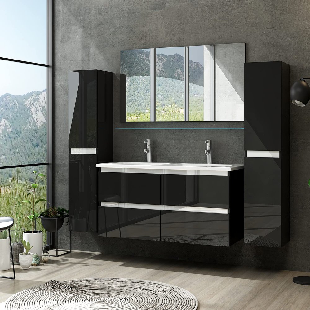 Homeline Bathroom Furniture Set with Drawers and Glass Shelf, Marcel Black, 120 cm, Double Basin, 1 Tall Cabinet