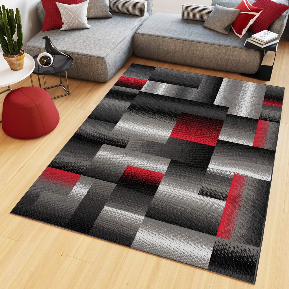 TAPISO Maya Collection KOTEX Short-Pile Rug, Modern Squares and Stripes Design, Black Gray Red White Mottled, 80 x 150 cm