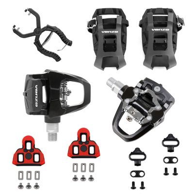 Venzo 4-in-1 Shimano SPD-SL & SPD-Compatible Pedal Set with Toe Cages and Removal Tool