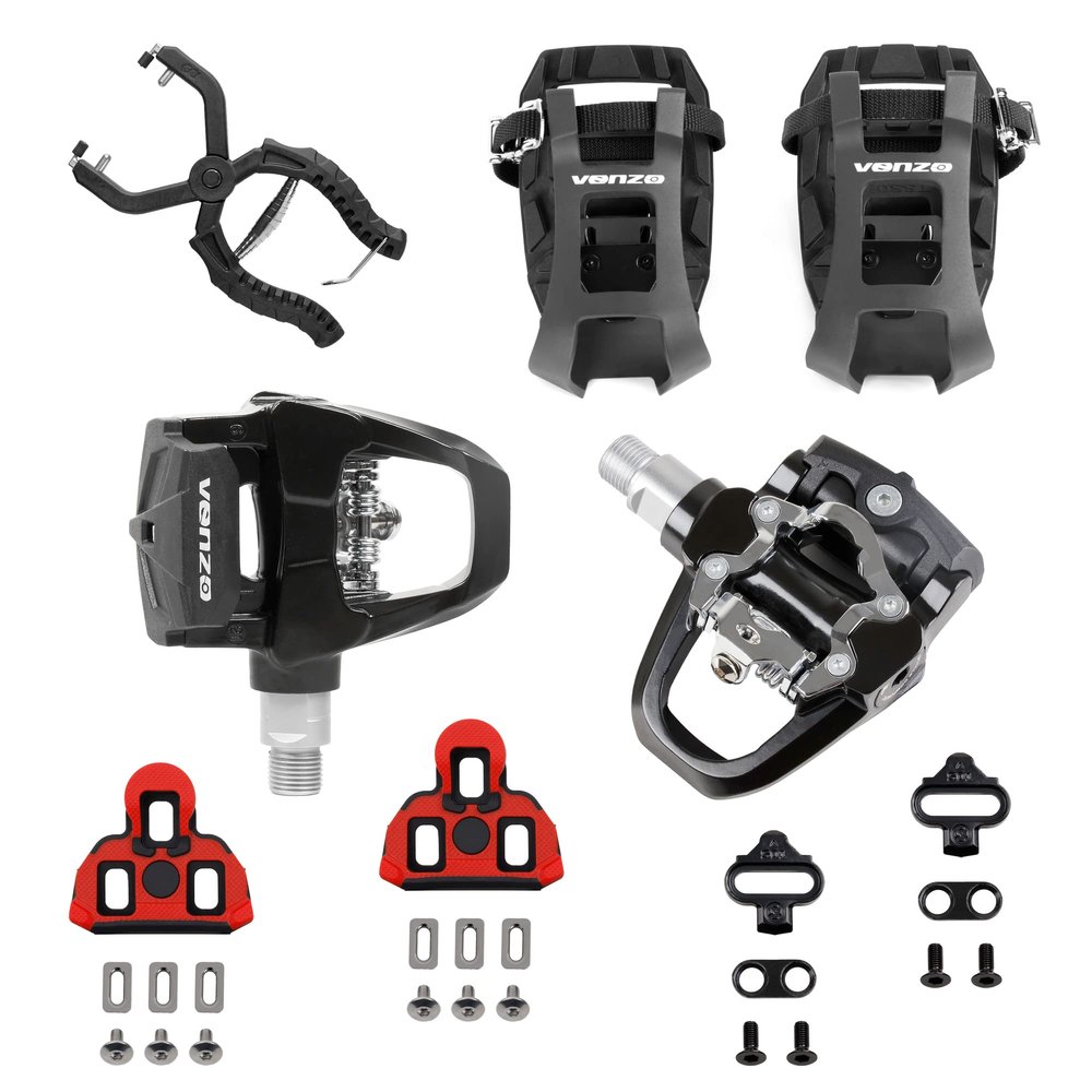 Venzo 4-in-1 Shimano SPD-SL & SPD-Compatible Pedal Set with Toe Cages and Removal Tool